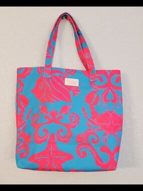 Lilly Pulitzer Bright Blue Tote with Hot Pink Sea-Inspired Print
